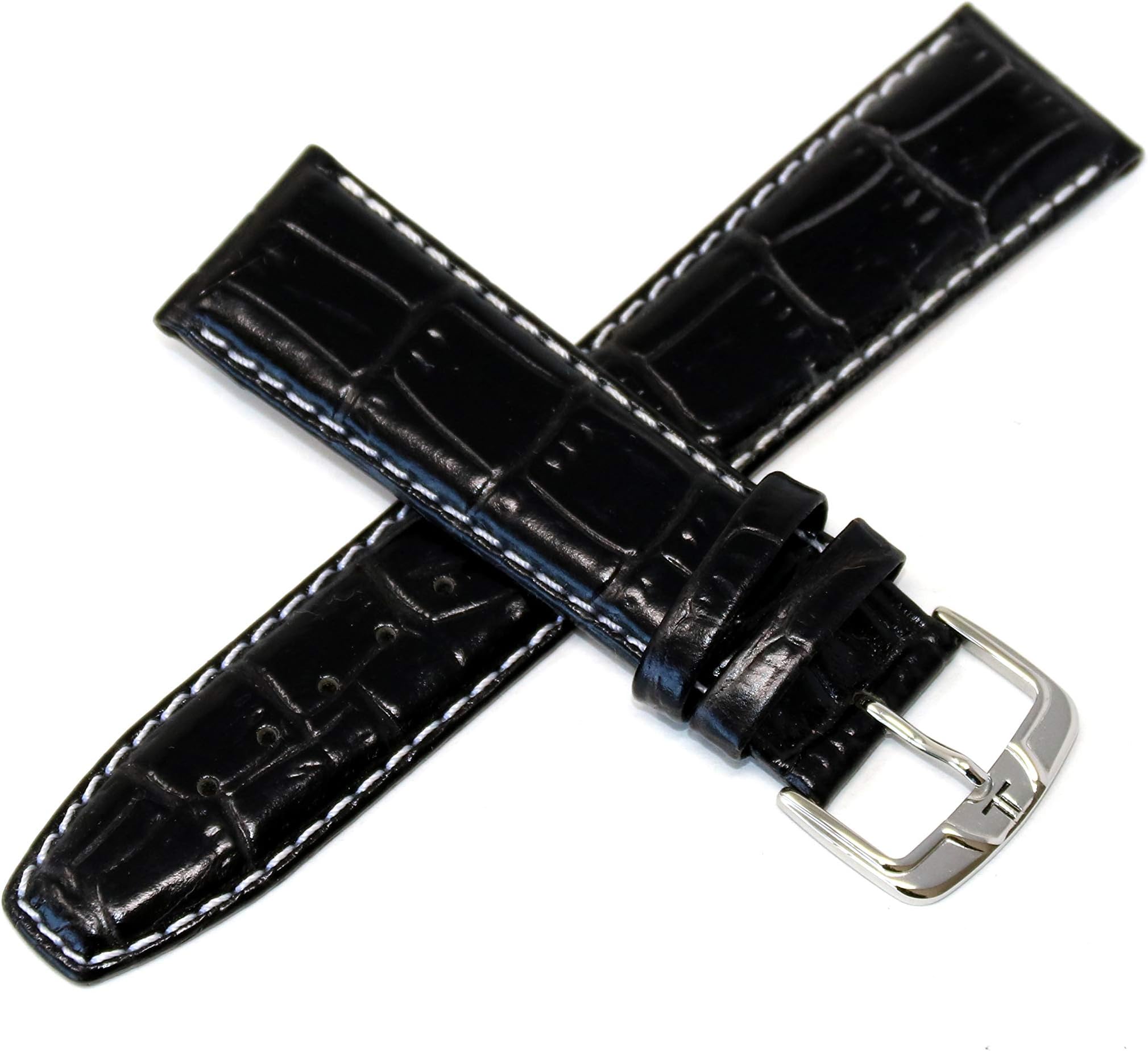 22MM Alligator Grain Genuine Leather Watch Strap 7.75 Inches Black and Silver JL Initial Buckle