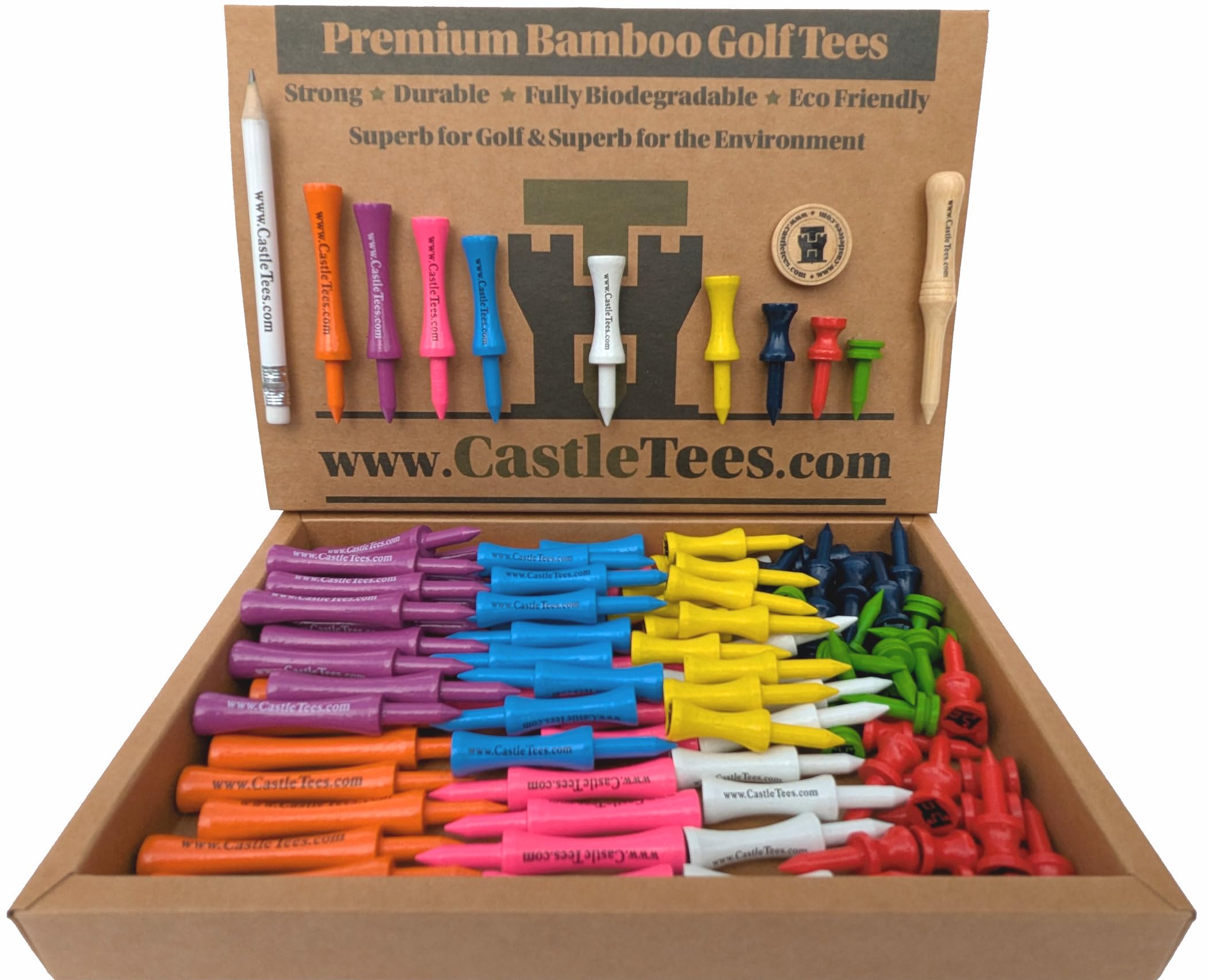 Castle Tees Official Mixed Value Set โ 90 pcs Mixed Sizes/Colours Premium Bamboo Golf Tees with Free Pitch Repair Tool, Ball Marker & Pencil. Twice the Strength of Regular Bamboo Tees Great Golf Gift