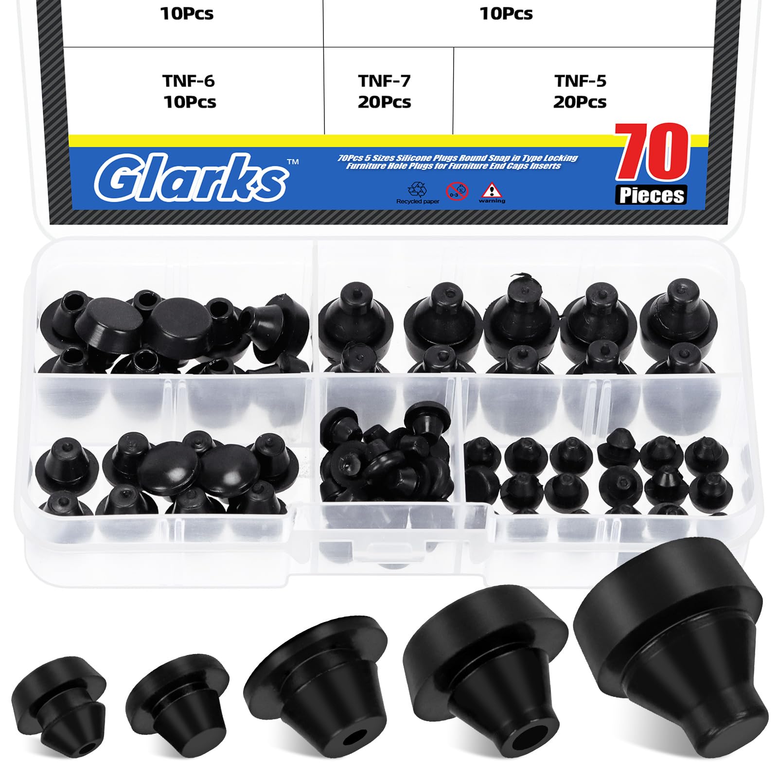 Glarks 70pcs 3.7/4.2/5.7/6.5/7.5mm Silicone Plugs, Black Silicone Tube Waterproof Plug, Round Snap in Locking Hole Plug for Kitchen Bulkheads Waterproof Sealing
