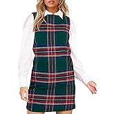 Wenrine Womens Plaid Overall Mini Dress Casual Sleeveless Round Neck A Line Short Fall Christmas Dresses