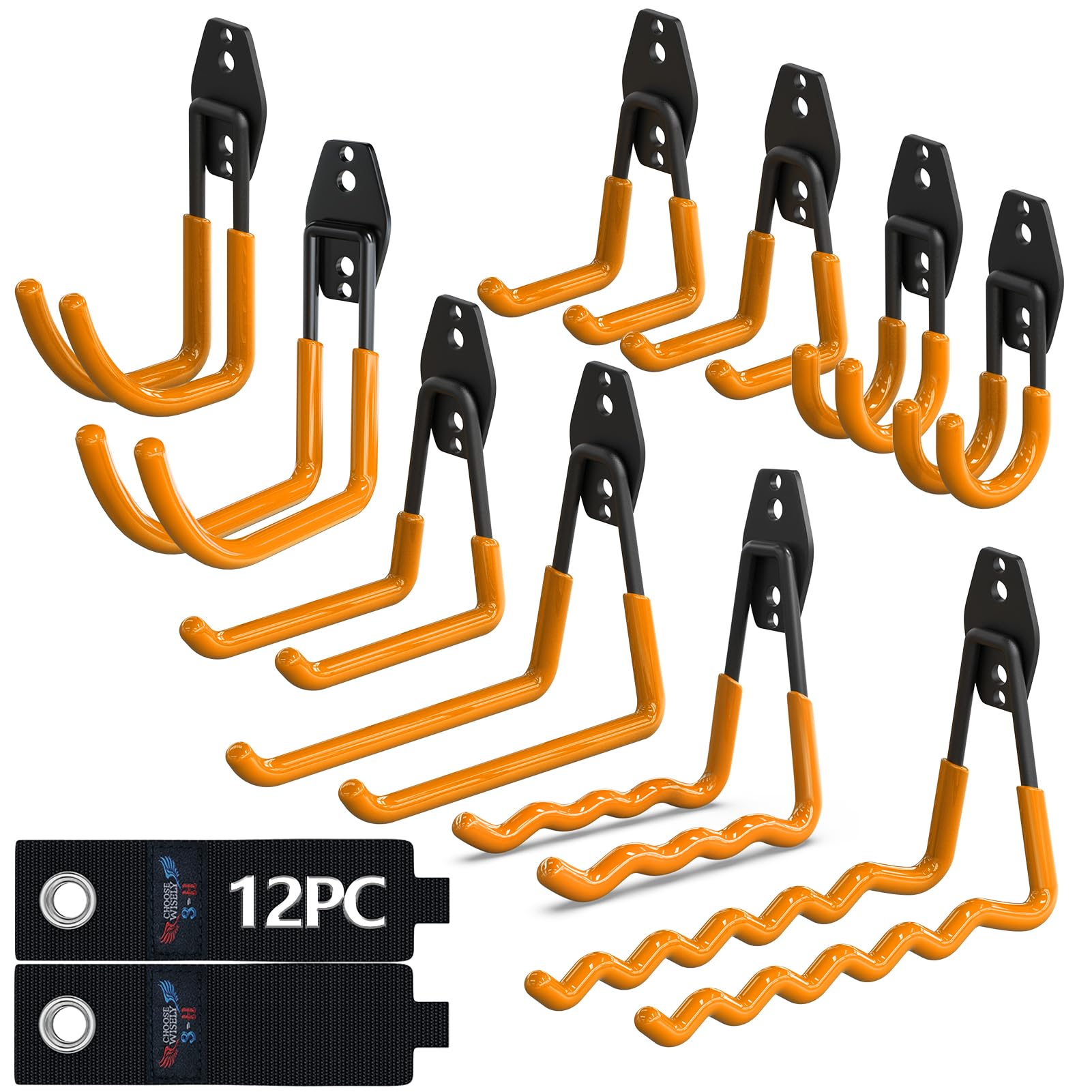 3-H Heavy Duty Garage Hooks 12 Pack, Utility All-Steel Storage Hooks with Anti-Slip Coating, Wall Mount Hooks for Hanging Ladders, Lawn Mower, Hose, Garden Tools (Orange)