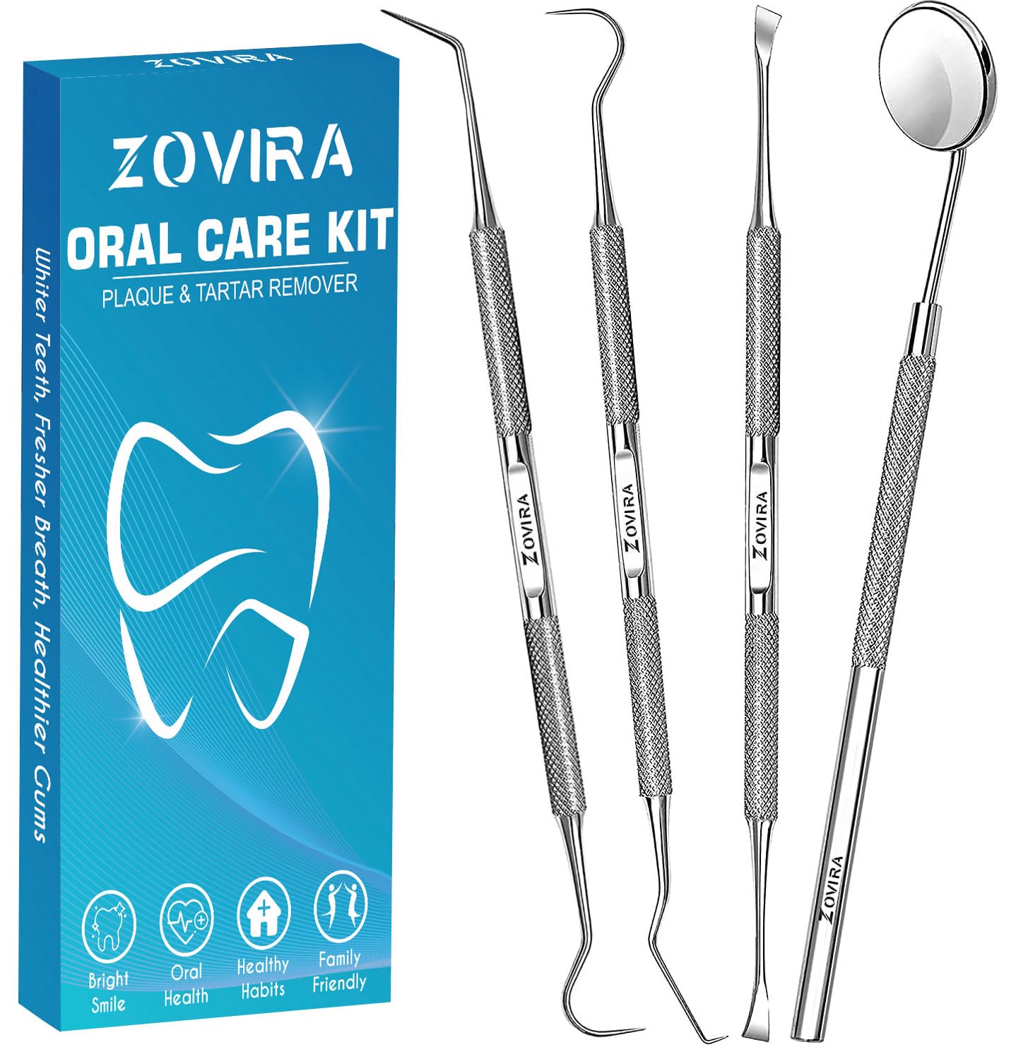 ZOVIRA Plaque Remover for Teeth 4pc Tooth Cleaning Kit with Tartar and Calculus Removal Dental Care Set Stainless Steel Dentist Tools for Personal and Home Use