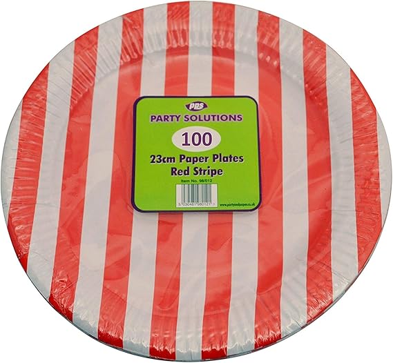 100 x RED Striped Round Paper Plates 23cm/9" inch Quality Durable