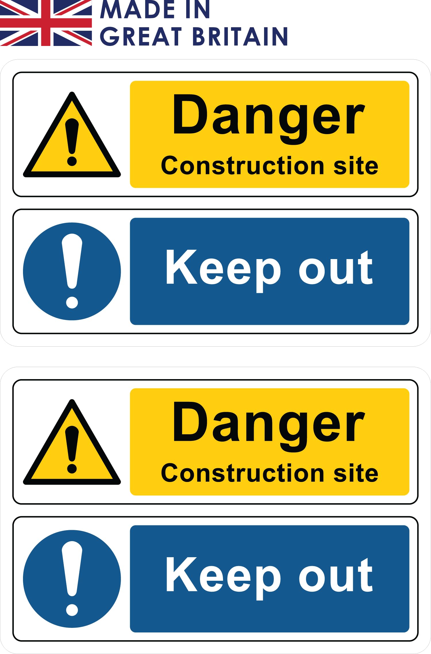 The Signal Range Pack of 2 signs 300mm x 200mm x 3mm with rounded corners - Danger construction site Keep out (with brass eyelets)