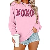VVNTY Women Valentines Sweatshirt: Sparkly Letter Print Long Sleeve Pullover Tops