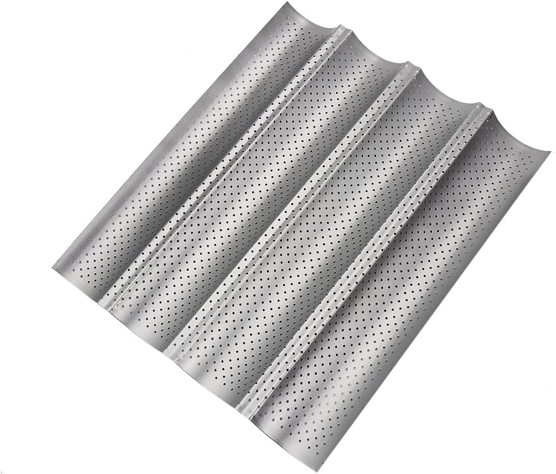Muzi Non-Stick Carbon Steel Perforated Baguette Pan for French Bread Baking with 4 Wave Loaves Loaf Bake Mold Toast Cooking Bakers 15 x 13 inch