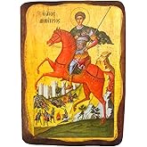 Iconsgr Wooden Greek Christian Orthodox Wood Icon of Saint Dimitrios Demetrius Demetrios Riding His Horse / 1AP