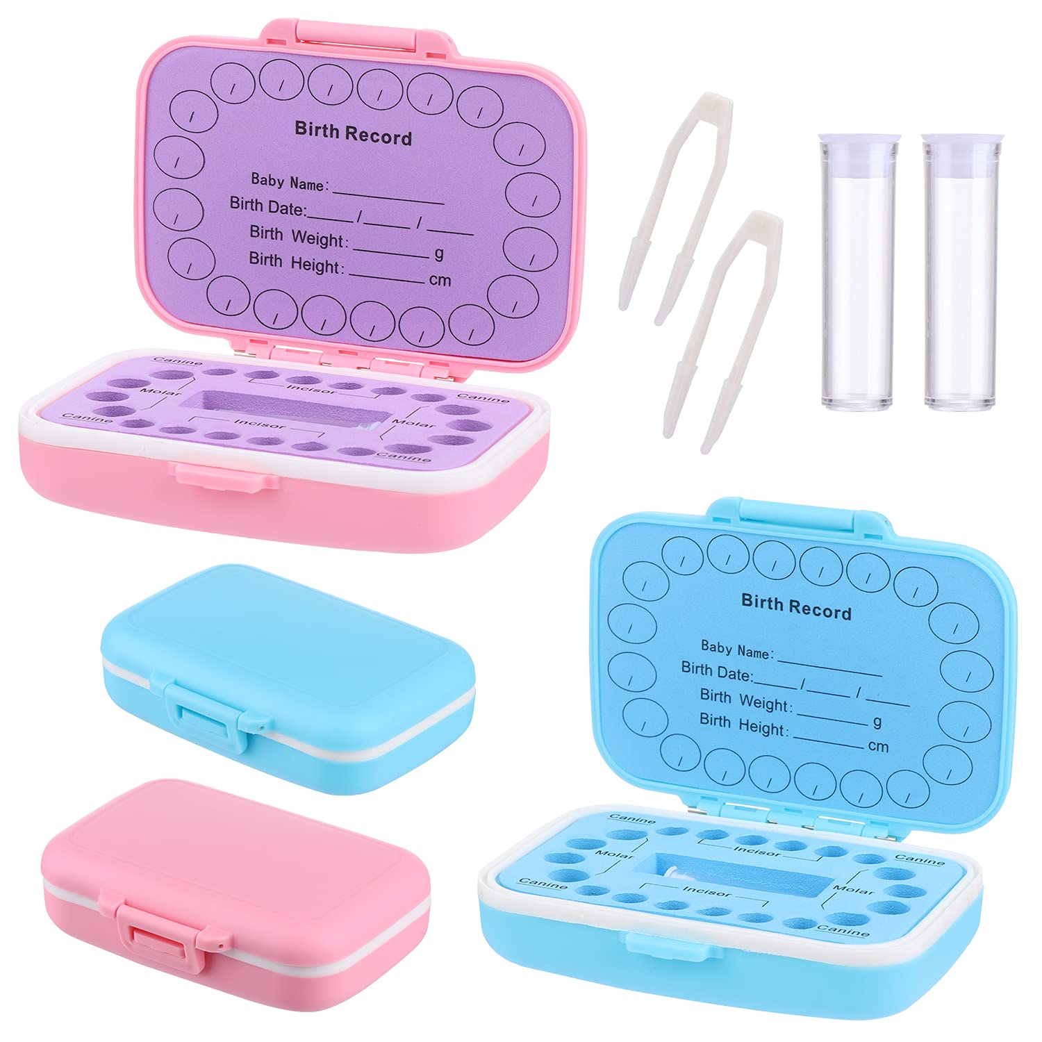 2 Pieces Baby Teeth Keepsake Box, Teeth Saver Box Children Teeth Storage Holder Baby Teeth Organizer Kids Deciduous Teeth Box with Baby Fetal Hair Container and Tweezer for Keeping (Blue and Pink)