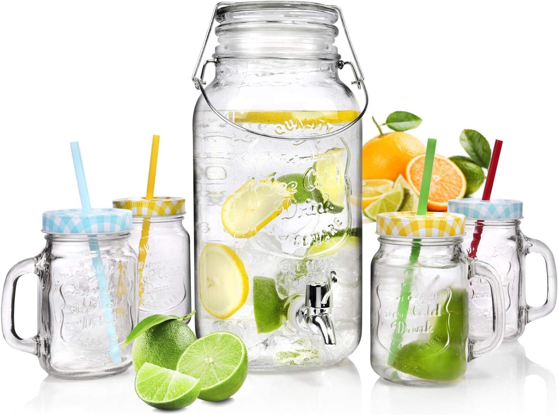Bluespoon Vintage Drink Dispenser Set 3.7 liter 5-Piece Set | Incl. 1 Tap, 4 Tumblers (500ml) with Handles, 4 Lids and 4 Straws in Bright Colors | Beverage Dispenser with Rubber Ring