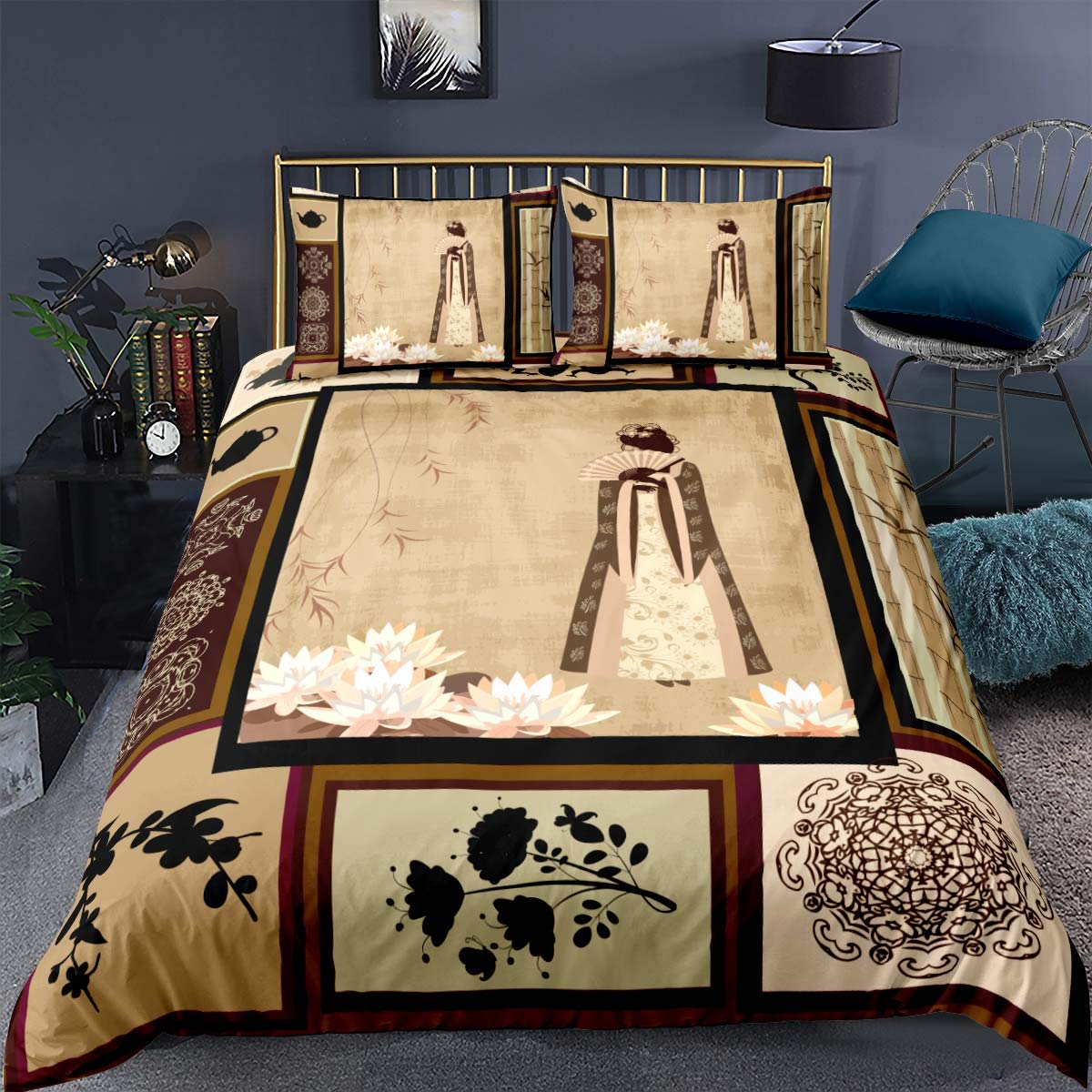 Loussiesd Japanese Comforter Cover,Girl In Traditional Dress Eastern Ornaments Antique Collage, Brown Cream,Decorative 3 Pieces Bedding Set Double (1 Duvet Cover Set & 2 Pillow Shams),Zipper — image 1