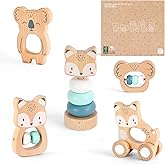 Freniland Wooden Montessori Toys, 5-Piece Wooden Baby Toy, Koala Baby Rattle, Fox Stacking Ring, Little Fox Push and Pull Toys,Koala Holding Toy,Newborn Baby Gift Sets for Boys and Girls