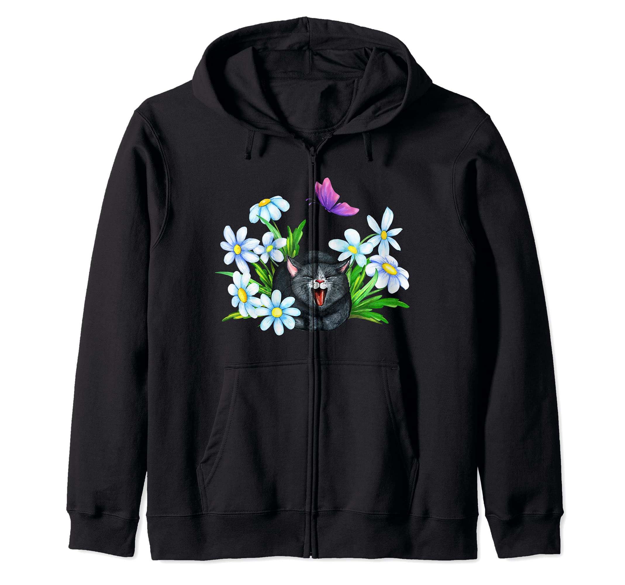 Cat with Flowers and Butterfly Zip Hoodie