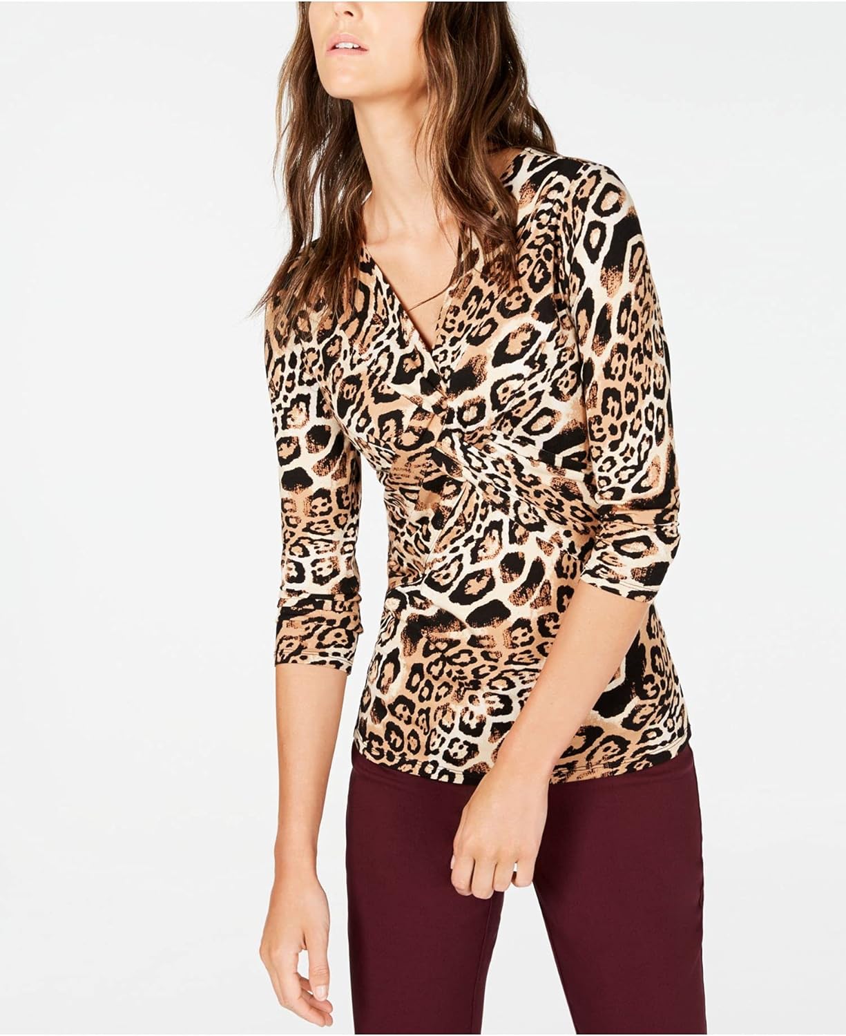INC Womens Brown Animal Print 3/4 Sleeve V Neck Top UK Size16 INC