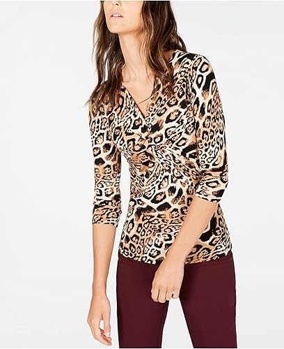 INC Womens Brown Animal Print 3/4 Sleeve V Neck Top UK Size:16: INC: Amazon.co.uk: Clothing