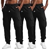 August Alley 3 Pack Men's Cargo Sweatpants Relaxed Fit Drawstring Elastic Waist Joggers Active Tapered Pants with Pockets