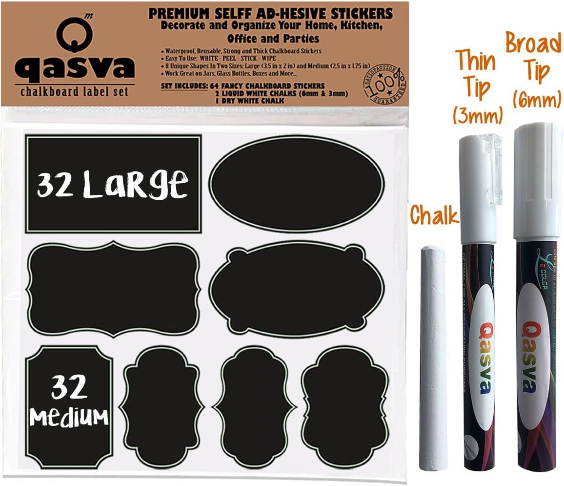 Chalkboard Labels Set By QASVA: 64 Black Vinyl Premium Stickers In 2 Sizes, 2 White Liquid Chalk Markers And 1 Dry Chalk – Reusable Labels And Erasable Pens For Mason Jars, Kitchen & Pantry Decoration