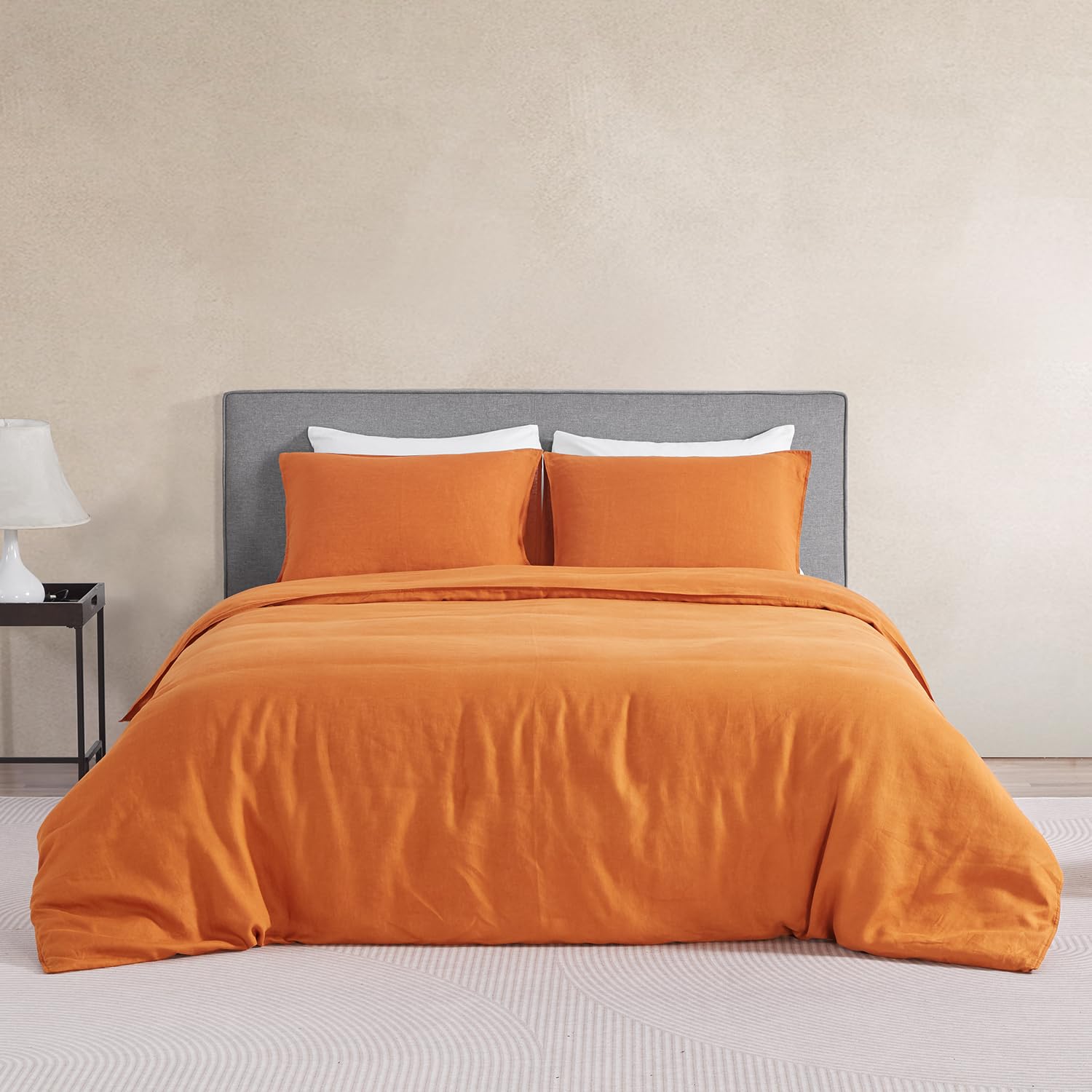 DAPU 100% Linen Duvet Cover Set 3PCs, Pure Natural French Flax Linen Duvet Cover King 200x200cm with 8 Corner Ties and Zipper Closure, Soft Breathable Durable for Hot Sleepers(Sunrise/Orange, Double)