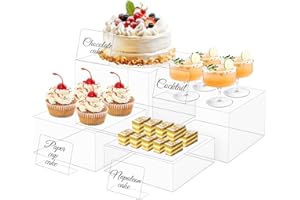 THMINS 4 Pcs Transparent Buffet Risers with Mini Signs,Acrylic Food Risers for Buffet Table,Display Stand for Dessert,Jewelry,Figures show,Cube Display Base with Hollow Bottoms (6",6.5",7",8")