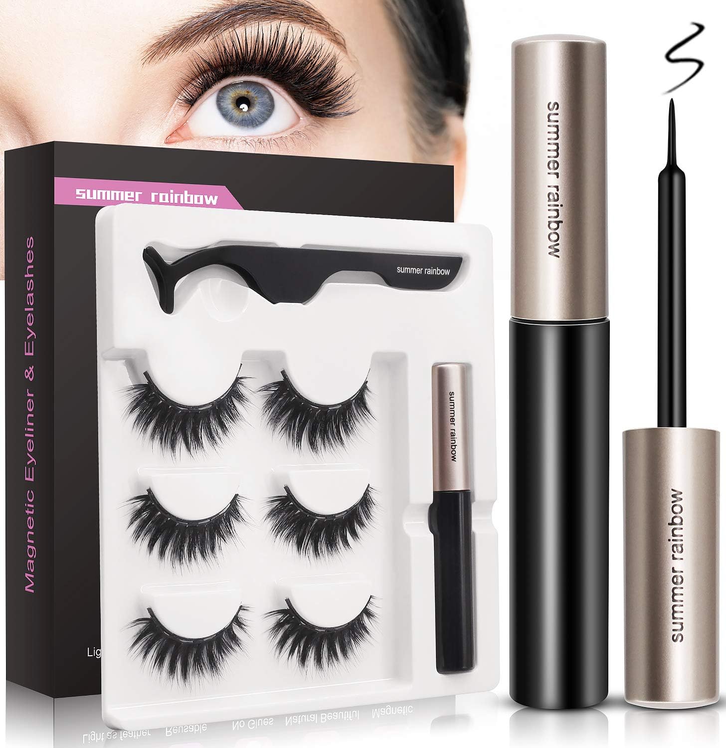 Magnetic Eyeliner and Magnetic Eyelash Kit, Natural Look, Waterproof and Smudge Resistant, Magnetic Lashliner For Use with Magnetic False Lashes (3 Pairs)