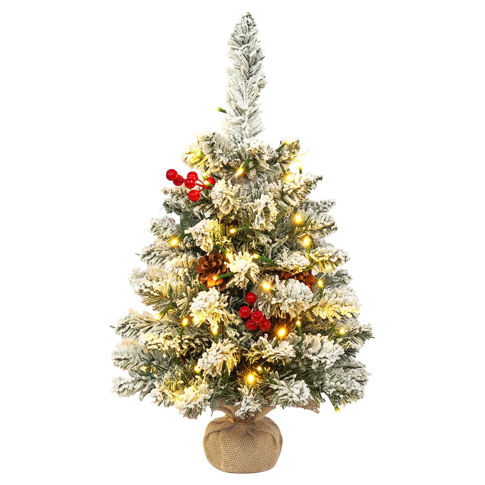 Uten 2ft/60cm Snow Flocked Mini Christmas Tree, Artificial Tabletop Small Christmas Tree with 50 LED String Lights, 5 Groups Red Berries, 7 Pine Cones, Burlap Base for Christmas Desktop Decoration