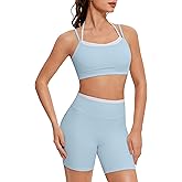 OMKAGI Workout Sets for Women Cute Doubel Layer Open Back Sports Bras Gym Shorts Outfits