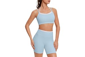 OMKAGI Workout Sets for Women Cute Doubel Layer Open Back Sports Bras Gym Shorts Outfits
