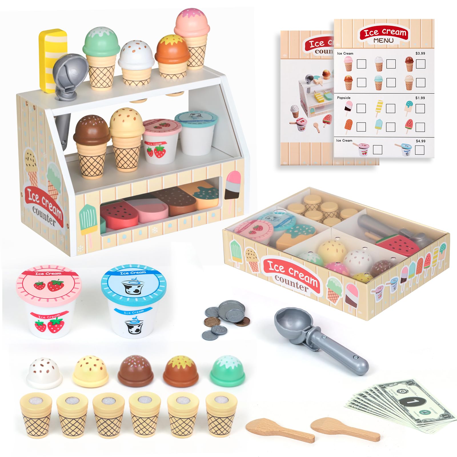 EVERGD Wooden Ice Cream Counter Shop Playset Toy set for Kids, Play Food Dessert Toy Set for Pretend Role Play Kitchen Toy, Safe Natural Wooden Toy Gift for 3 Years Old Boy or Girl (Beige/Cream)