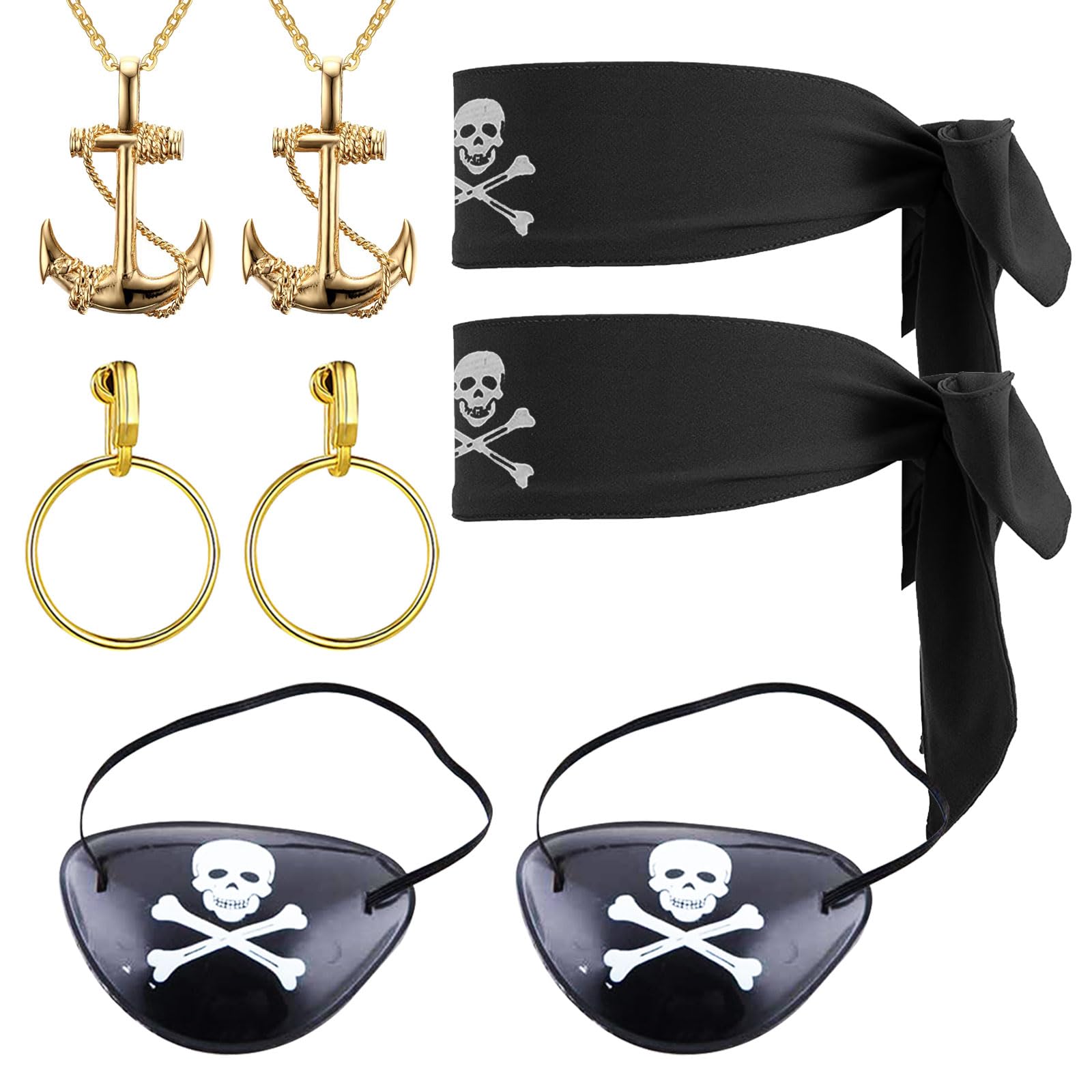SKHAOVS 8 Pcs Pirate Costume Accessories Set, Eye Patches, Head Scarf, Bandana, Necklace, Accessories for Party, Halloween, Carnival, Masquerade, Cosplay, Dress