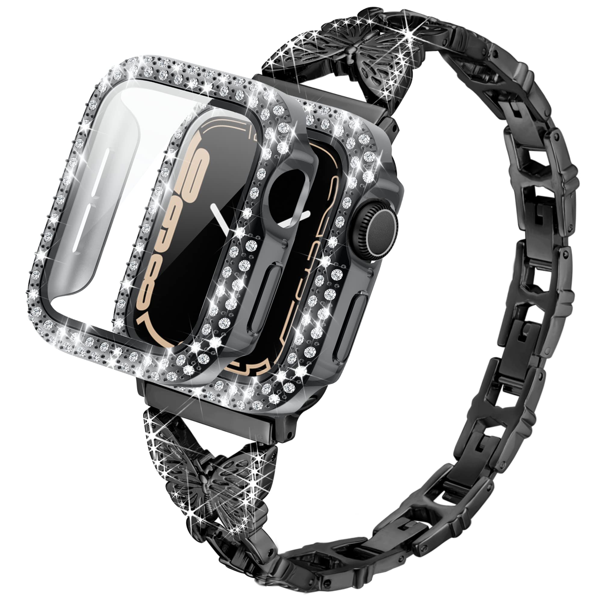 Vamyzji Metal Strap Compatible with Apple Watch Straps 40mm + Bling Diamond Crystal Protective Case with Screen Protector, Adjustable Butterfly Bracelet for Apple Watch Series 6 5 4 SE(Black) — image 1