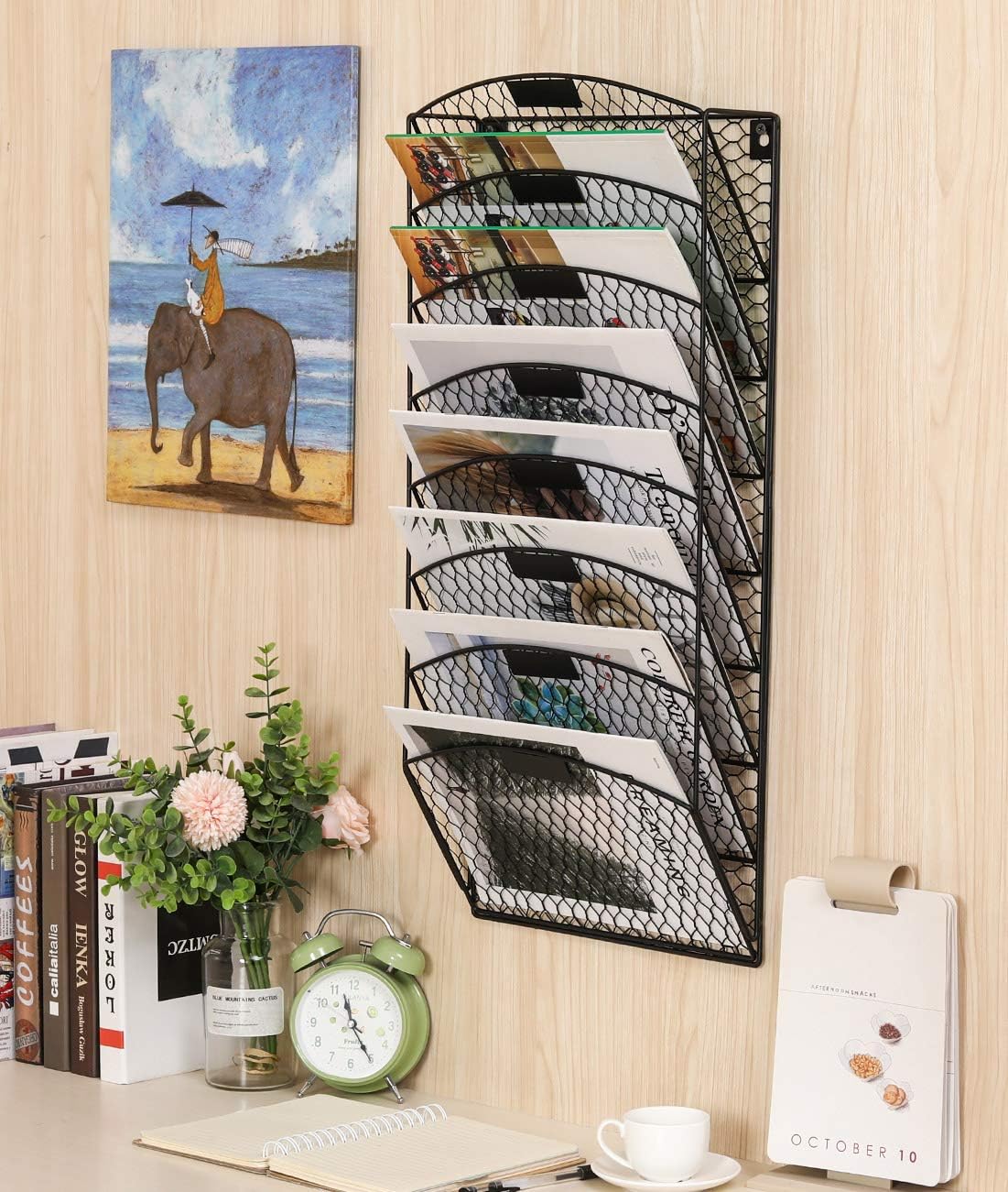 TQVAI 3 Tier Wall Hanging File Holder Chicken Wire Wall Mount File Rack Folders, White : Office Products