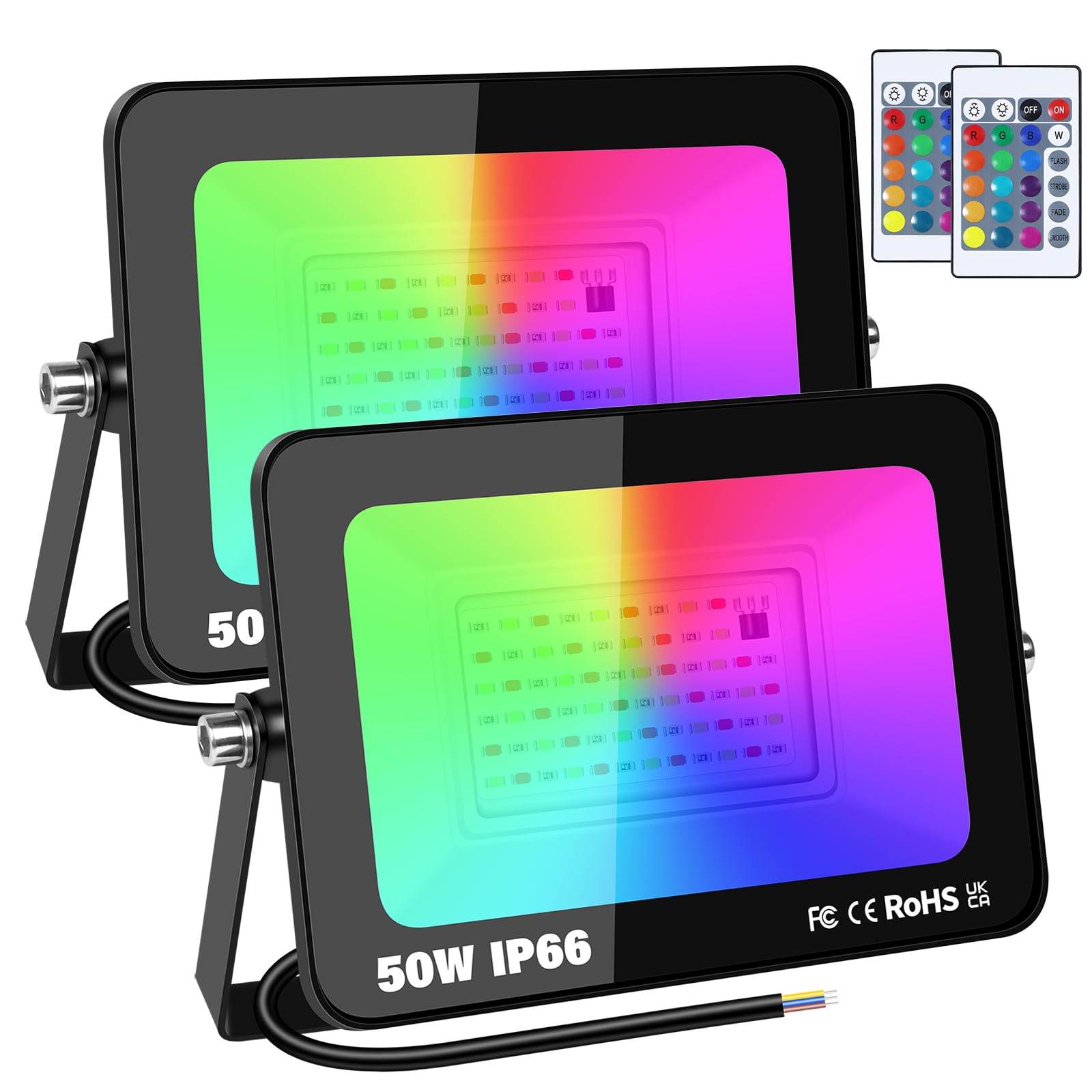 RIGIDON 2 Pack Outdoor RGB LED Floodlight, 50W Dimmable 16 Colour Changing Flood Lights for Garden, Courtyard, Landscap, Stage Decoration, IP66, Electric Mains Powered, Remote Control, 175-265V