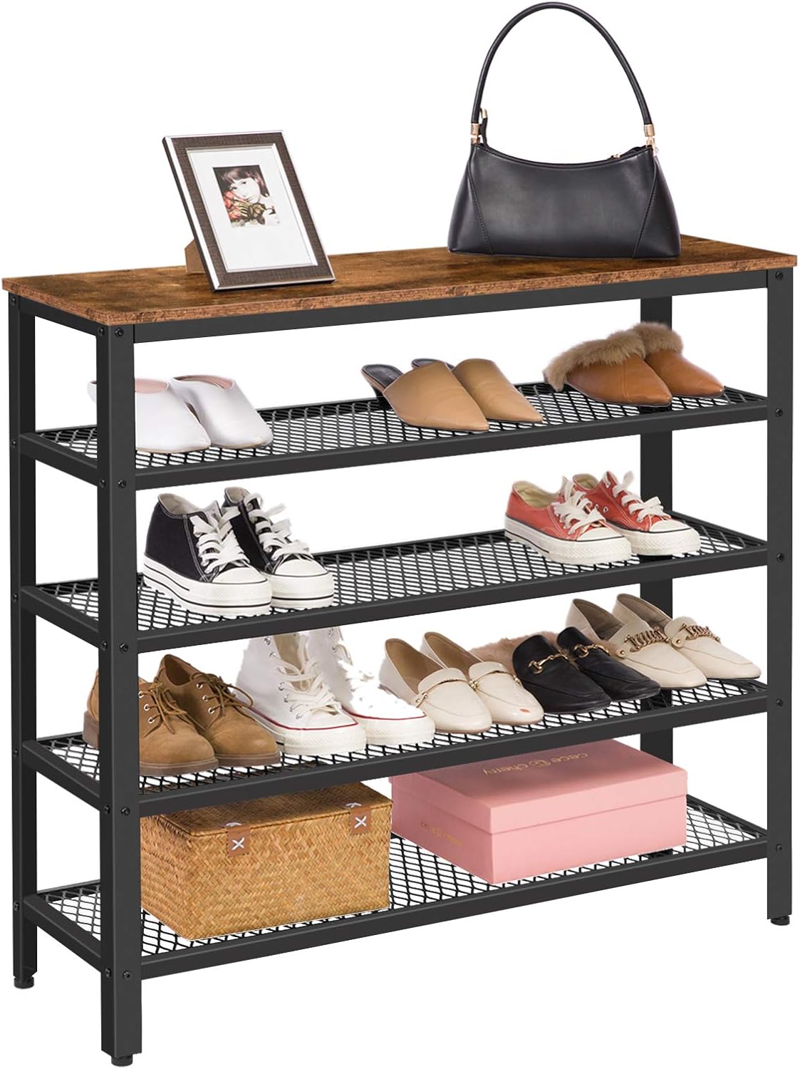 hoobro shoe rack on Amazon Com Hoobro 5 Tier Shoe Rack Sturdy Angled Iron Industrial Shoe Shelf Shoe Storage Organizer With Mesh Shelves For 16 20 Pairs For Entryway Living Room Hallway Rustic Brown Bf85xj01 Home Improvement