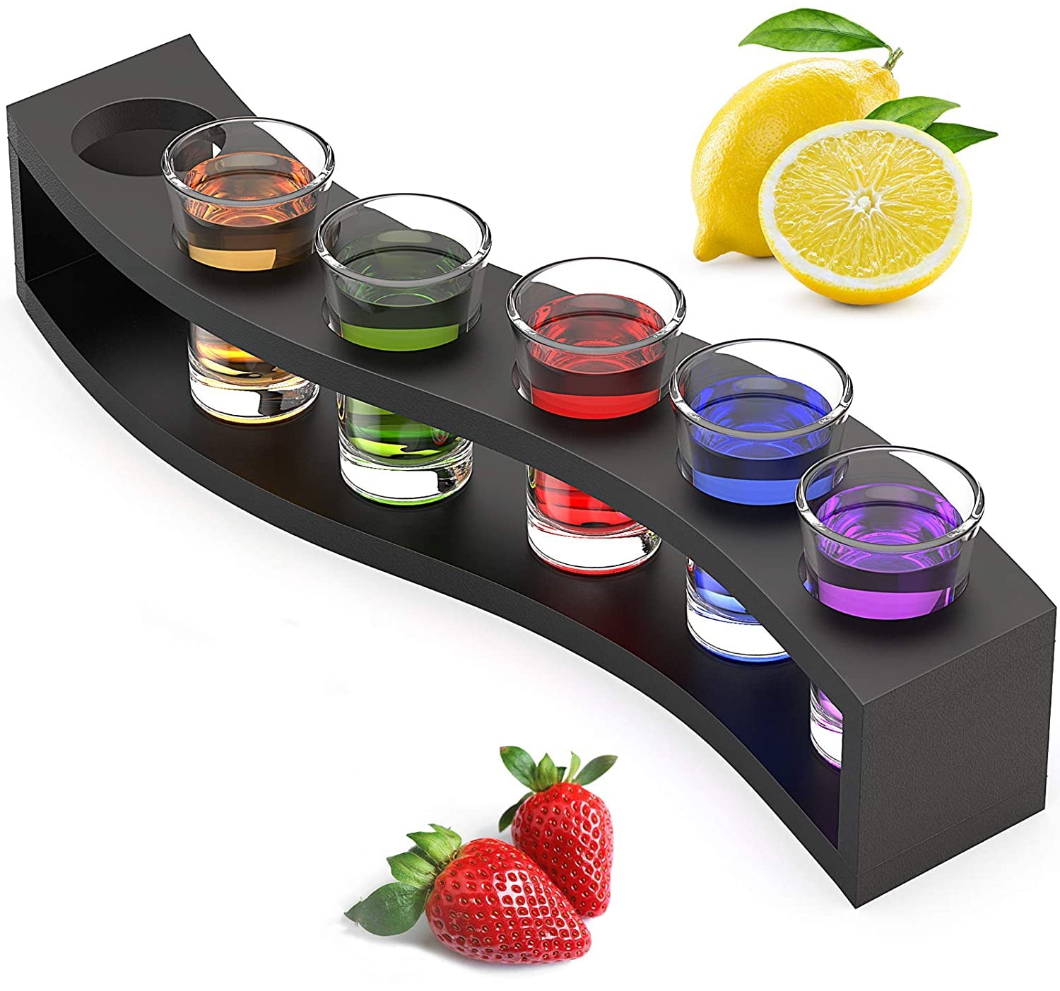 MOUMOUTEN Shot Glass Shelf Tray, 6 Holes Shot Glass Serving Tray, Black Wooden Shot Glasses Rack for for Liquor Shots Whisky Brandy Vodka Rum Home Party Bar