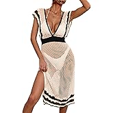 BreathSunny Womens Crochet Knit Cap Sleeve Beach Mini Dress Summer 2025 Backless V Neck Color Block Bathing Suit Cover Up