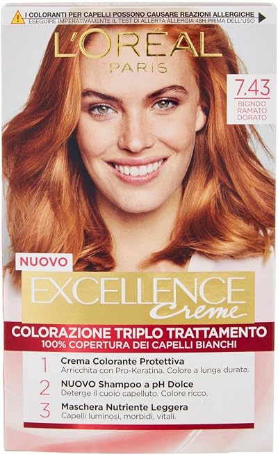 L'Oreal Excellence 7.43 Golden Copper Hair Dye Triple Treatment 100% Gray Cover