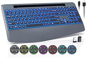 TRUEQUE Wireless Keyboard with 7 Colored Backlits, Wrist Rest, Phone Holder, Rechargeable Ergonomic Computer Keyboard with Silent Keys, Full Size Lighted Keyboard for Windows, MacBook, PC, Laptop (Gray)