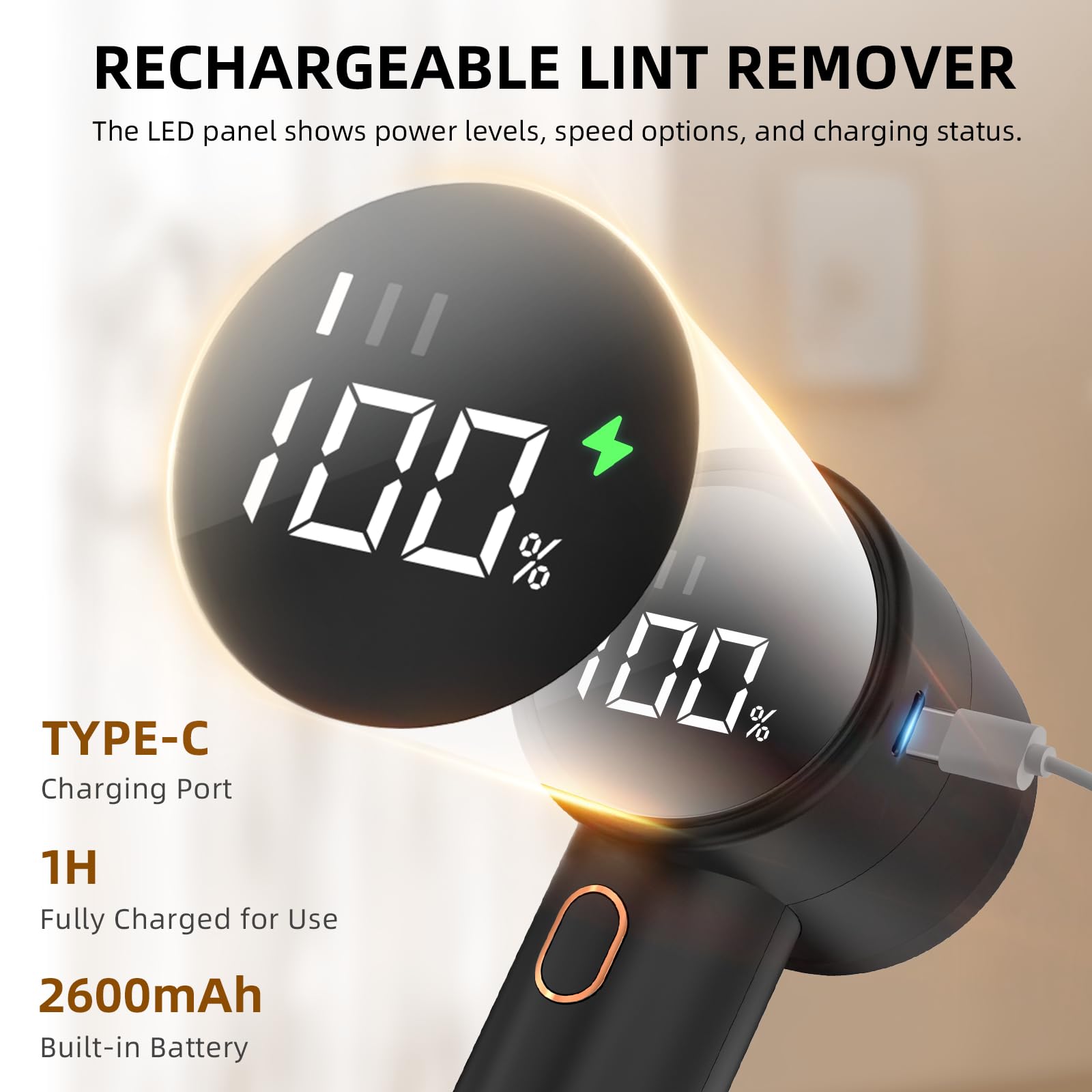 Fabric Shaver, Electric Lint Remover, Rechargeable Lint Shaver, Household Essentials for Clothes, Upholstery, Furniture, Sweater Defuzzer to Remove Pilling, Battery Operated, Black