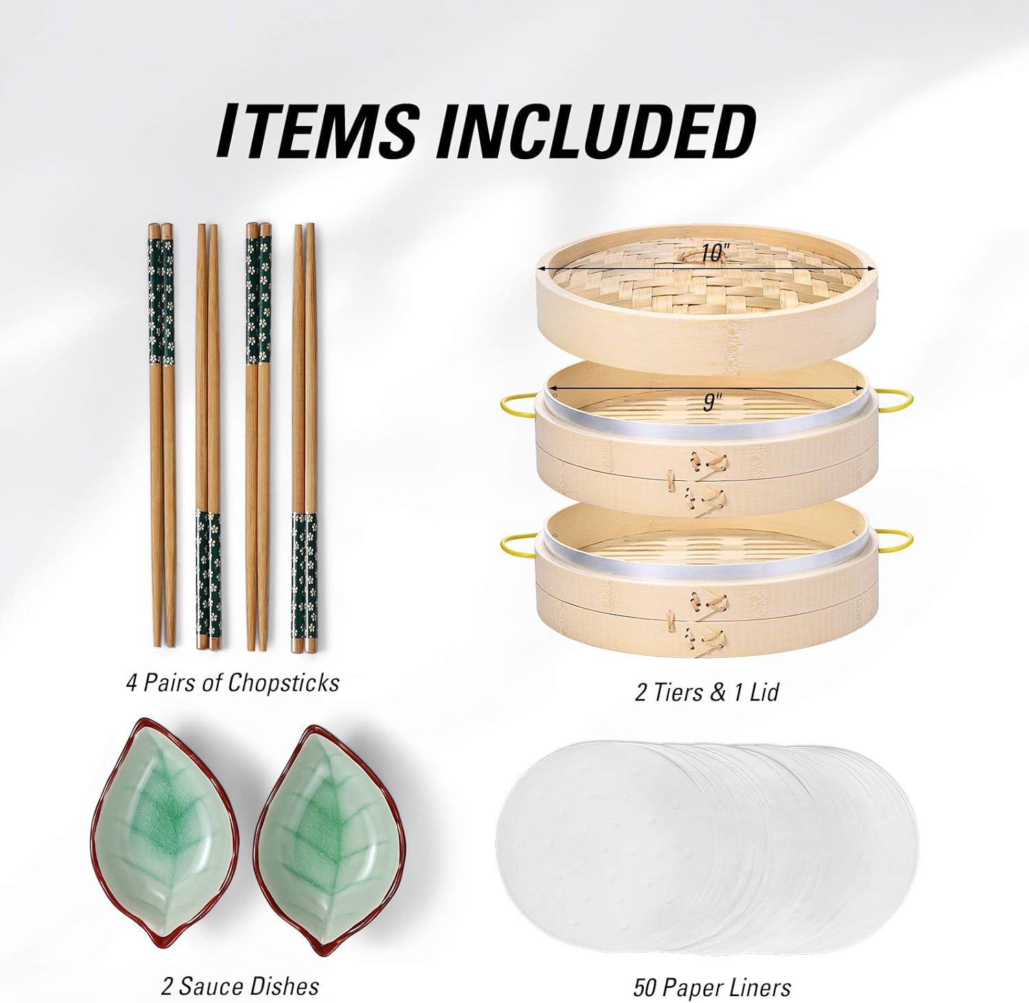 Bamboo Steamer, MacaRio 10 Inch Handmade Baskets with Side Handles & Banding, 4 Sets Chopsticks 2 Ceramic Sauce Dishes 50 Paper Liners, Healthy Cooking for Dim Sum Dumplings, Buns, Seafoods: Kitchen & Dining