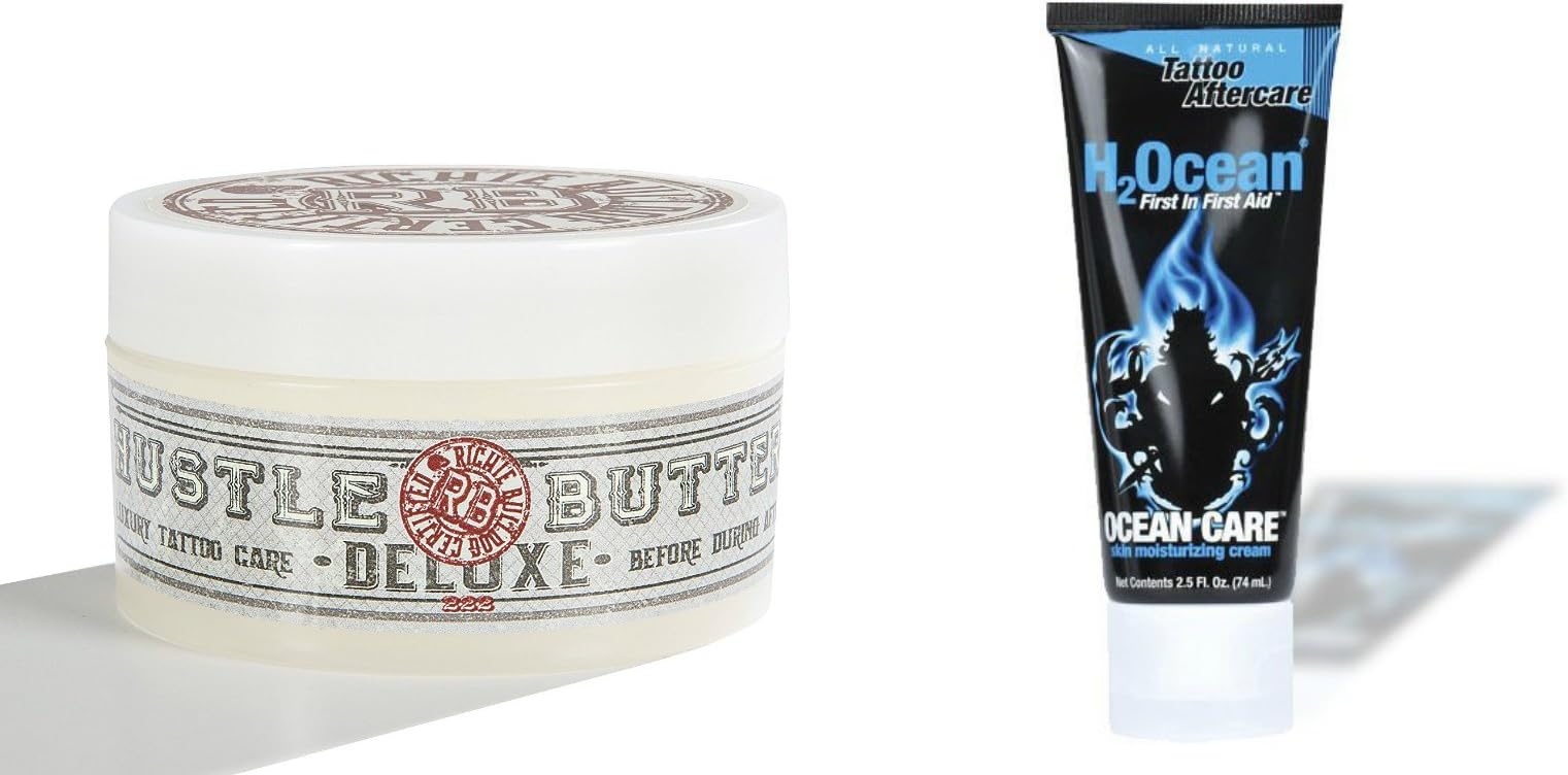 Numbskull - Bundled Hustle Butter Deluxe, Tattoo Butter for Before, During, and After the Tattoo Process, 5oz, H2Ocean Tattoo Aftercare Moisturizing Cream, 2.5oz