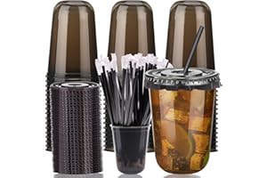Xuelimei 16oz Disposable Stemless Glasses with Flat Lids and Straws,PET Disposable Drinking Cups,Clear Plastic Wine Glasses for Parties Birthday,Wedding,Meeting,Christmas Party Supplies. (50, Black)