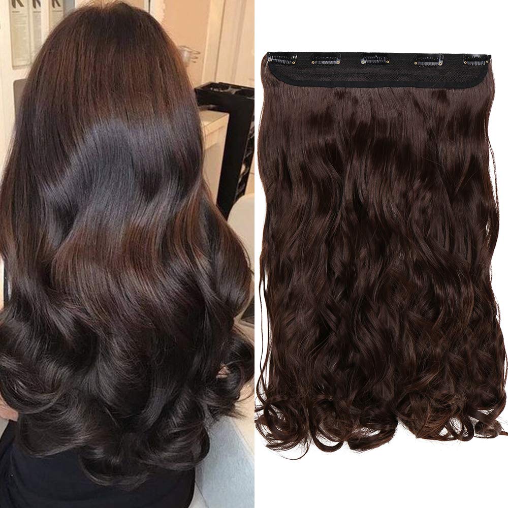 Silk-co 17 Inch One Piece Clip In Hair Extensions -Reddish Brown Curly Hairpieces 5 Clips Wavy Synthetic For Women Ladies