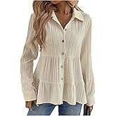SweatyRocks Women's Button Down Peplum Blouse Long Sleeve Collared Loose fit Shirts Textured Top