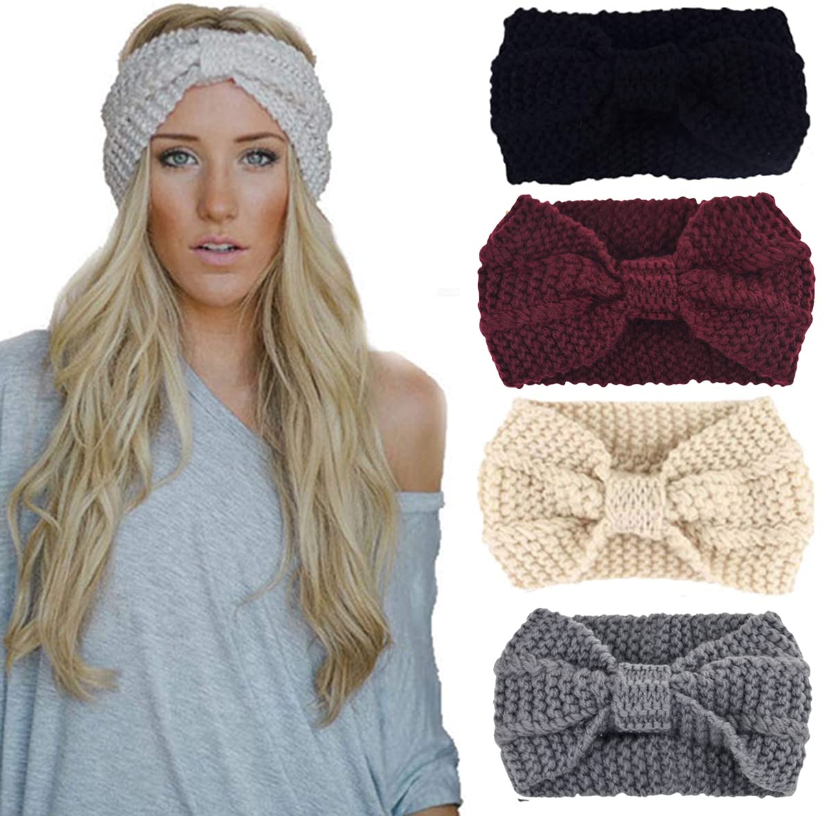 DRESHOW 4 Pack Womens Winter Ear Warmer Headband - Crochet Knit Turban Headband Chunky Cable Knit Headwrap