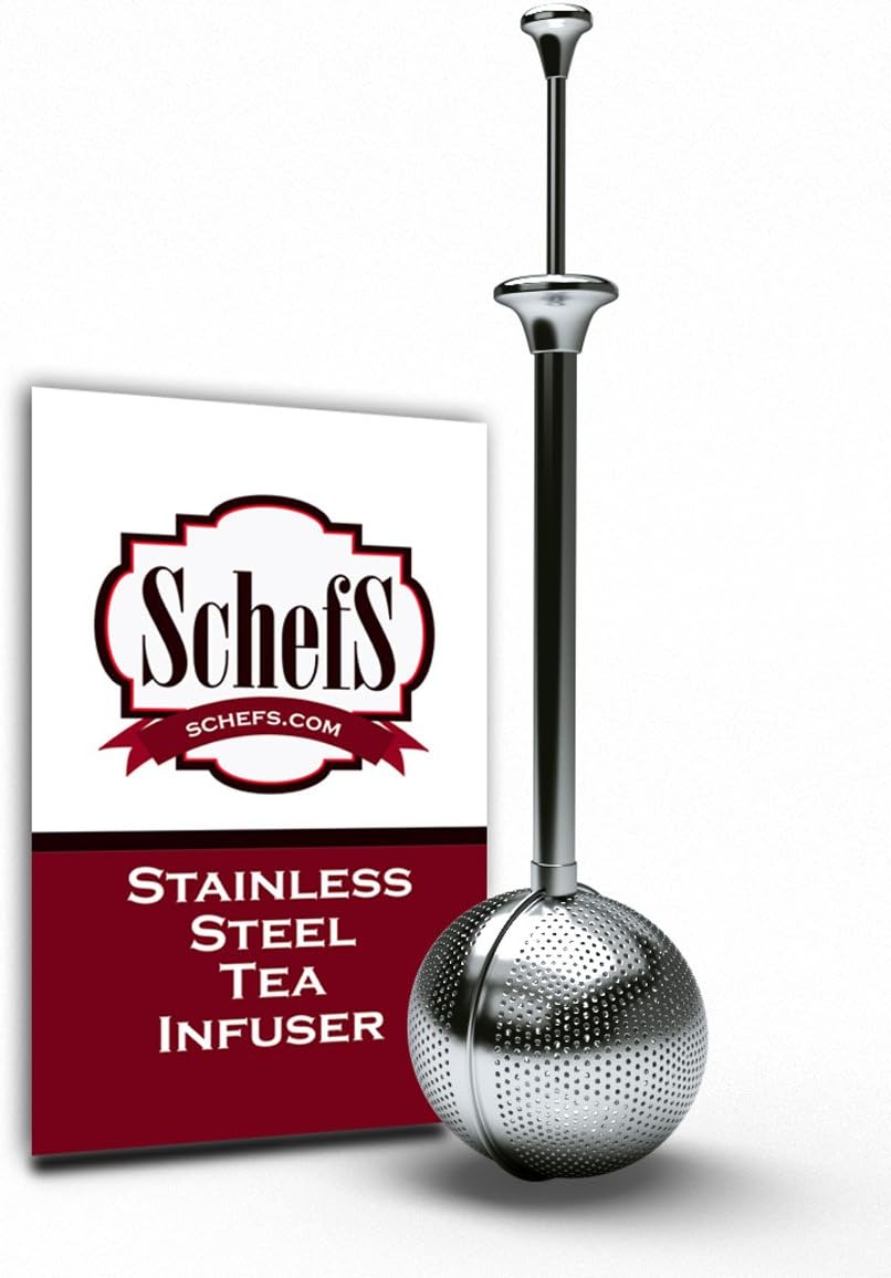 Schefs Premium Tea Infuser - Light Weight Stainless Steel - Large Capacity Ball with Long Spoon Handle - New Strainer Design