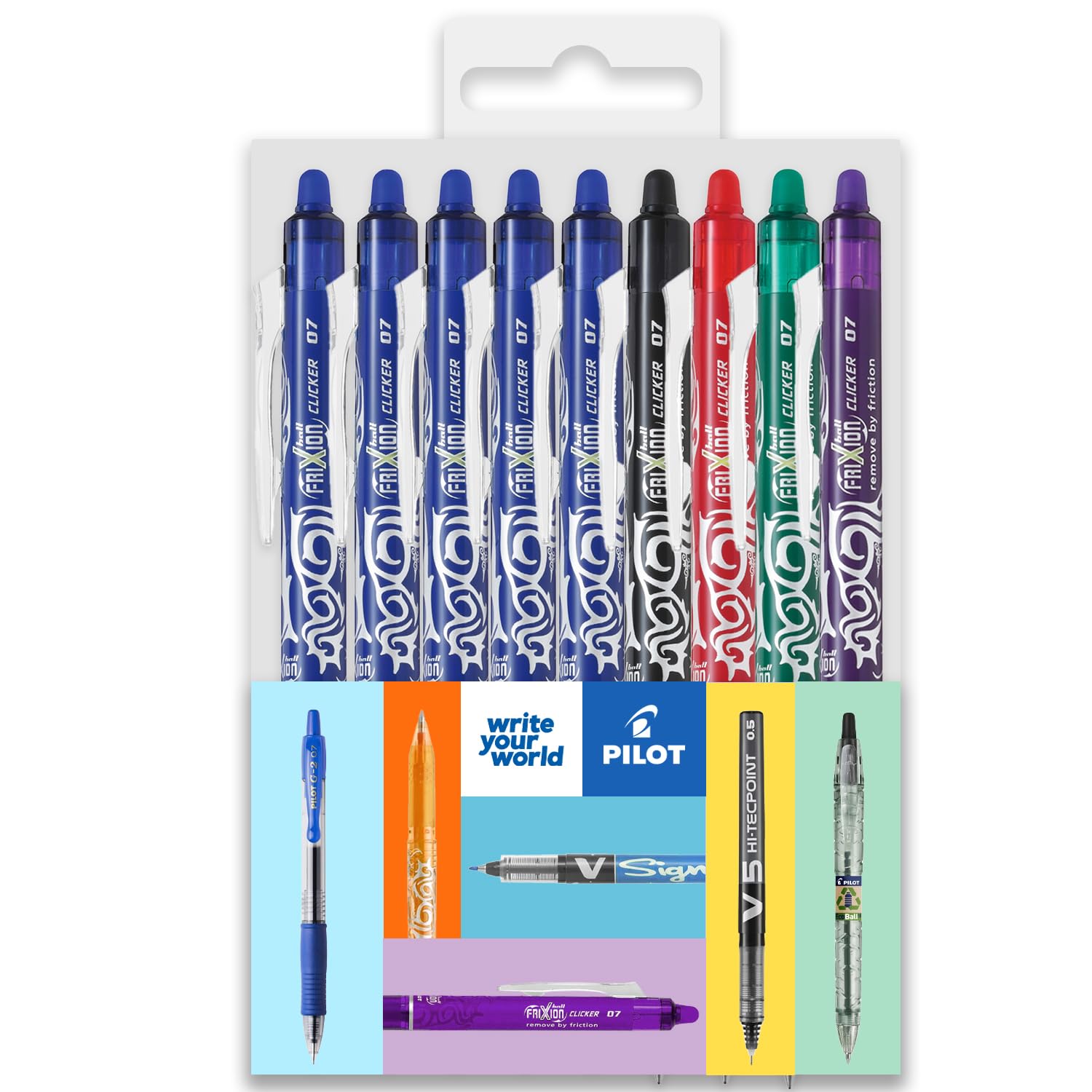 PILOT FriXion Clicker Fine Erasable Friction Rollerball Pen - Retractable Tip 0.7mm Nib 0.35mm Line Width - Pack of 9 Pens - Essentials Set in Envelope Gift Packaging