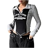 SHENHE Women's Long Sleeve Shirt Slim Fit Color Block Y2k Graphic Crop Tee Shirt Going Out Top