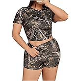 Milumia Women's Plus Size 2 Piece Outfit Camo Print Short Sleeve Crop T Shirt Shorts Sets