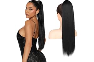 FLUFYMOOZ ponytail extension, 22 Inch Long Straight Drawstring Ponytail Synthetic Hairpieces Fake Pony Tails Natural Soft Clip in Hair Extension ponytail for Women (Natural Black)