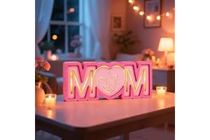 Fangoo 9.4 Inches Wooden Mother's Day Table Centerpieces Decorations Lights Pink Farmhouse Mom Letter Shaped Night Lights for