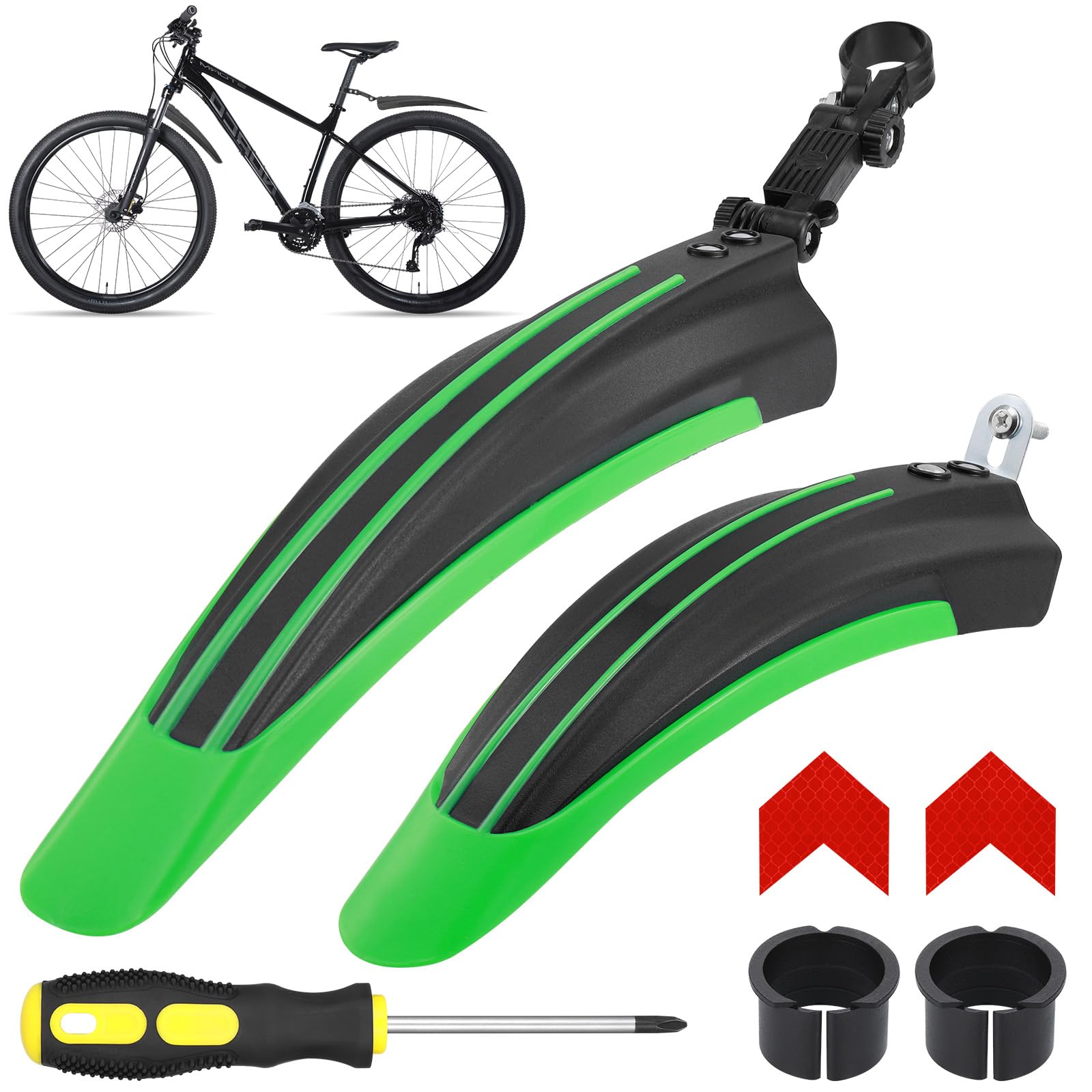 Hejo Bike Mudguards Set, Universal Mudguards for 24-29 inch Bikes, Adjustable Bicycle Front and Rear Mud Guard with 2 Red Arrow Reflective Stickers for most of Popular Bicycles (Black ＆ Green)